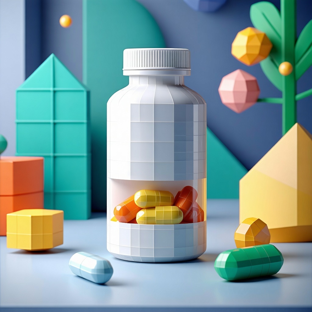 an abstract view of a bottle of vitamins in geometric shapes and a background purefly abstract shapes-1